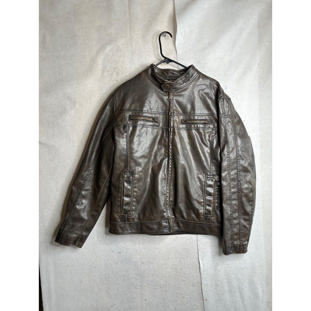 Sonoma Life Style Mens Faux Leather Sherpa Lined Cafe Racer Jacket Brown Large